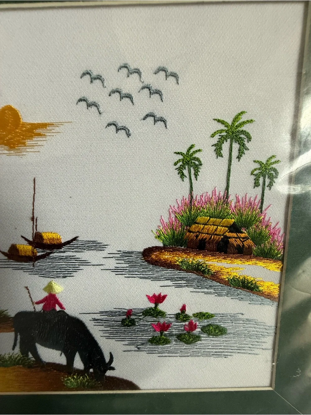 Vietnamese Hand-Embroidered Silk Landscape Village life Scene Wall Art 12x 10